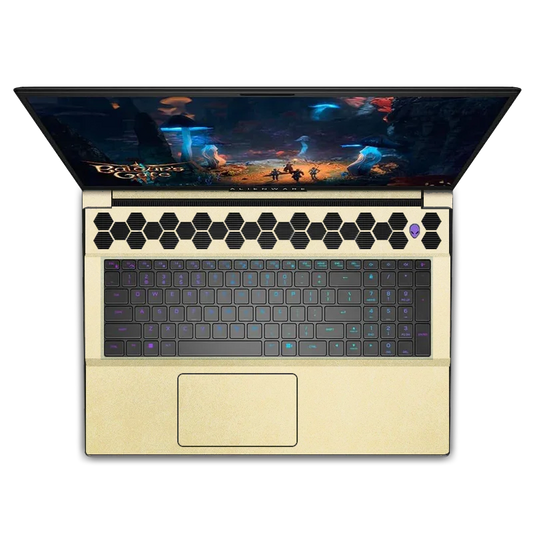 Dell Alienware M18 gold leather interior gaming laptop with RGB keyboard and hexagon vents