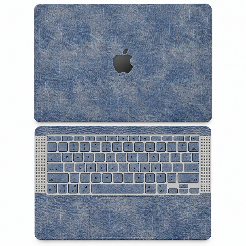 Blue cotton denim fabric MacBook skin coverage illustration: top lid and inside, with matching keycap stickers.