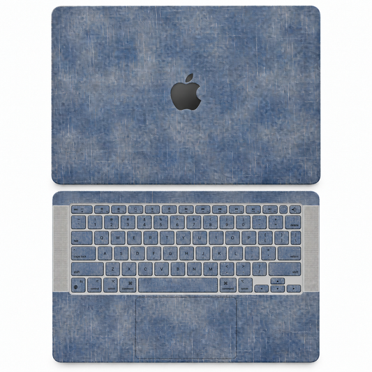 Blue cotton denim fabric MacBook skin coverage illustration: top lid and inside, with matching keycap stickers.