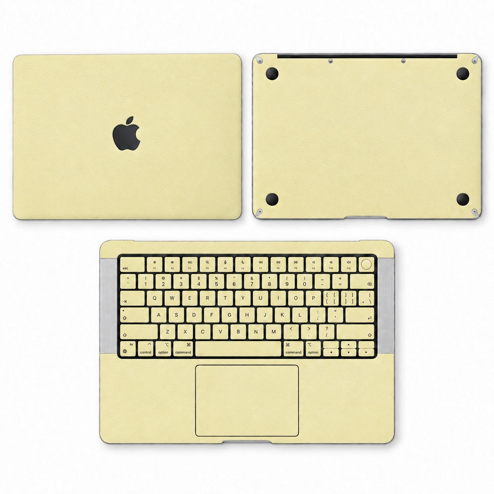 AI-assisted champagne gold MacBook skin coverage illustration: top lid, inside with keycap and power-key stickers, and bottom. Cut layout varies by model.