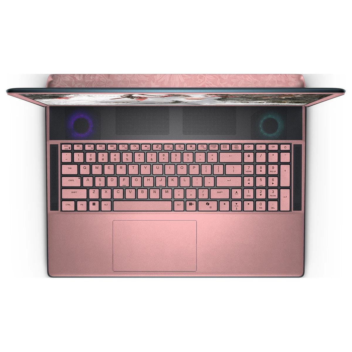 Top view of an open Alienware 18 Area-51 (2025), showing the Blush Pink keyboard keys, palm rest and touchpad skin below the dark upper grille.