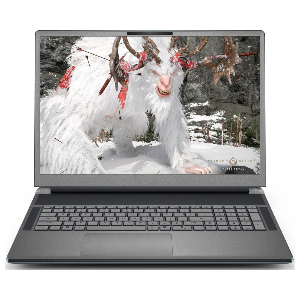 Front view of an open Alienware 18 Area-51 (2025) with Classic Gray skin on the screen bezel, keyboard keys, palm rest and touchpad.