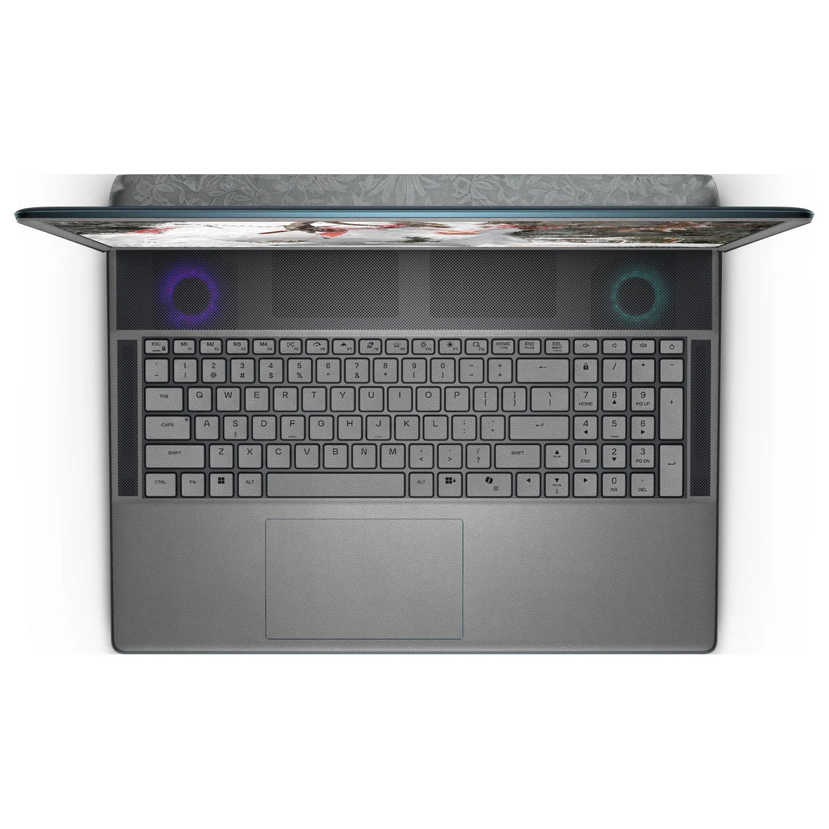 Top view of an open Alienware 18 Area-51 (2025), showing the Classic Gray keyboard keys, palm rest and touchpad skin below the dark upper grille.