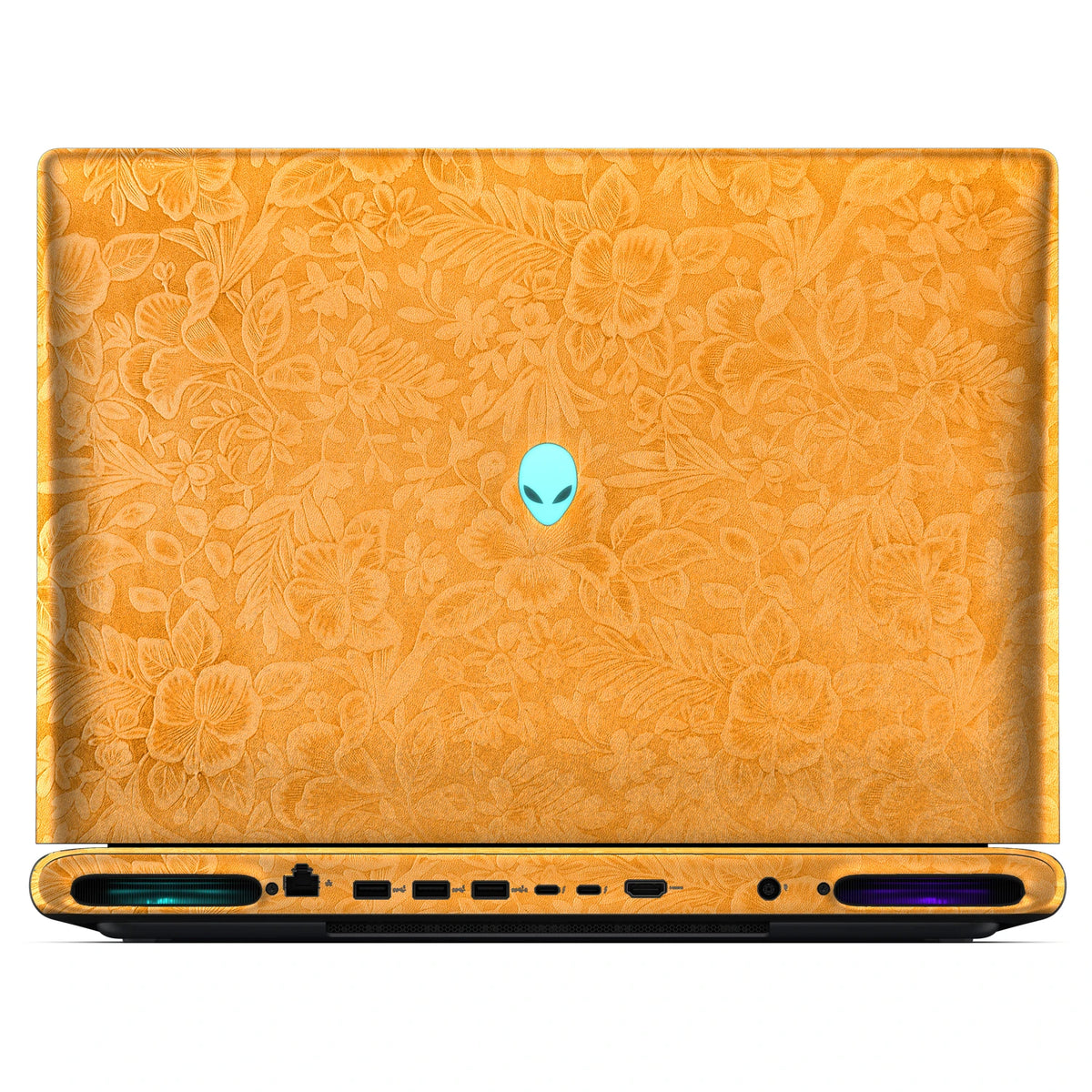 Rear view of an open Alienware 18 Area-51 (2025) with Sunny Yellow Hibiscus skin, showing the floral outer lid, rear ports and vents.
