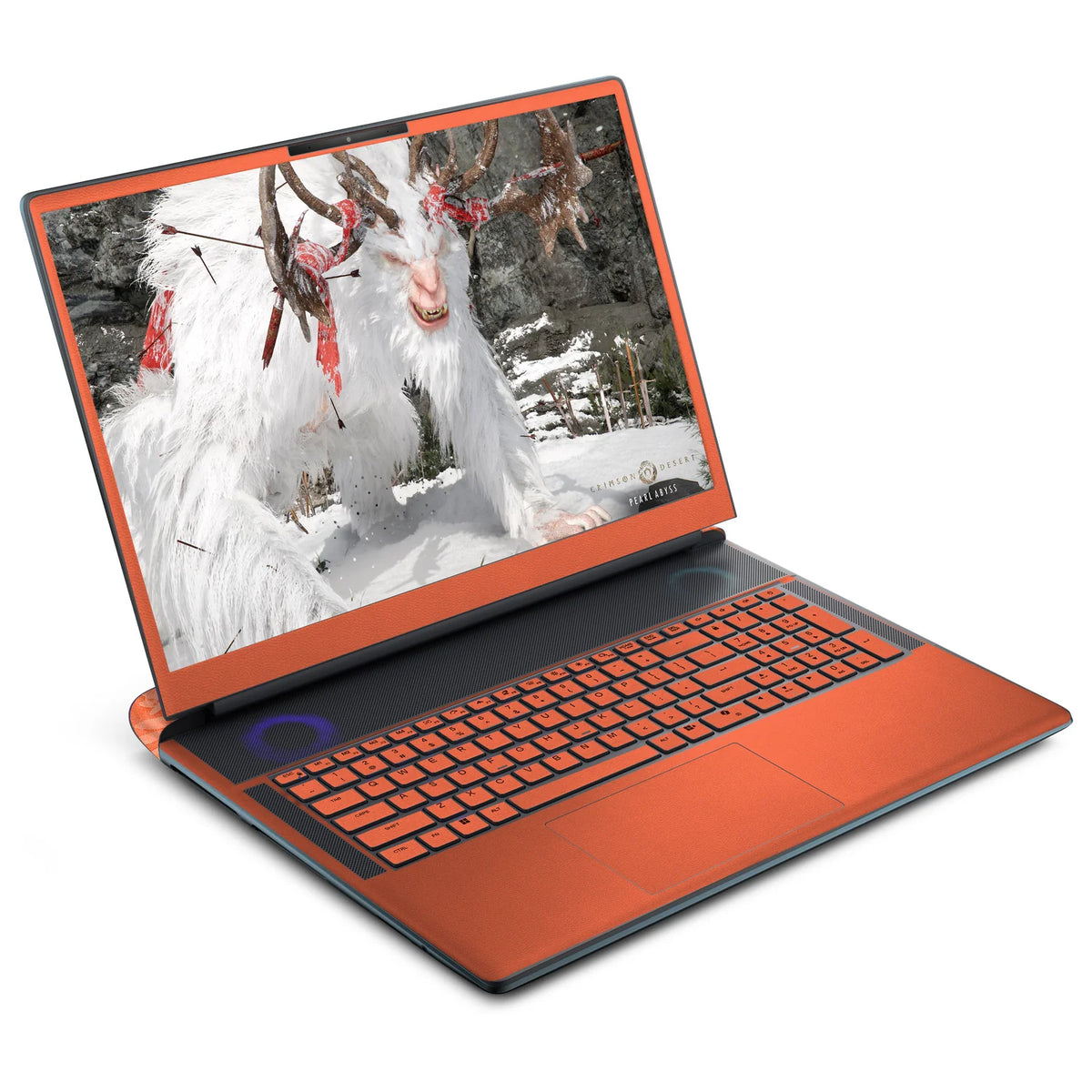 Front three-quarter view of an open Alienware 18 Area-51 (2025) with Sunset Orange skin on the screen bezel, keyboard deck, palm rest and touchpad.