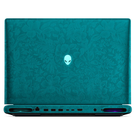 Rear view of an open Alienware 18 Area-51 (2025) with Tropical Teal Hibiscus skin, showing the floral outer lid, rear ports and vents.