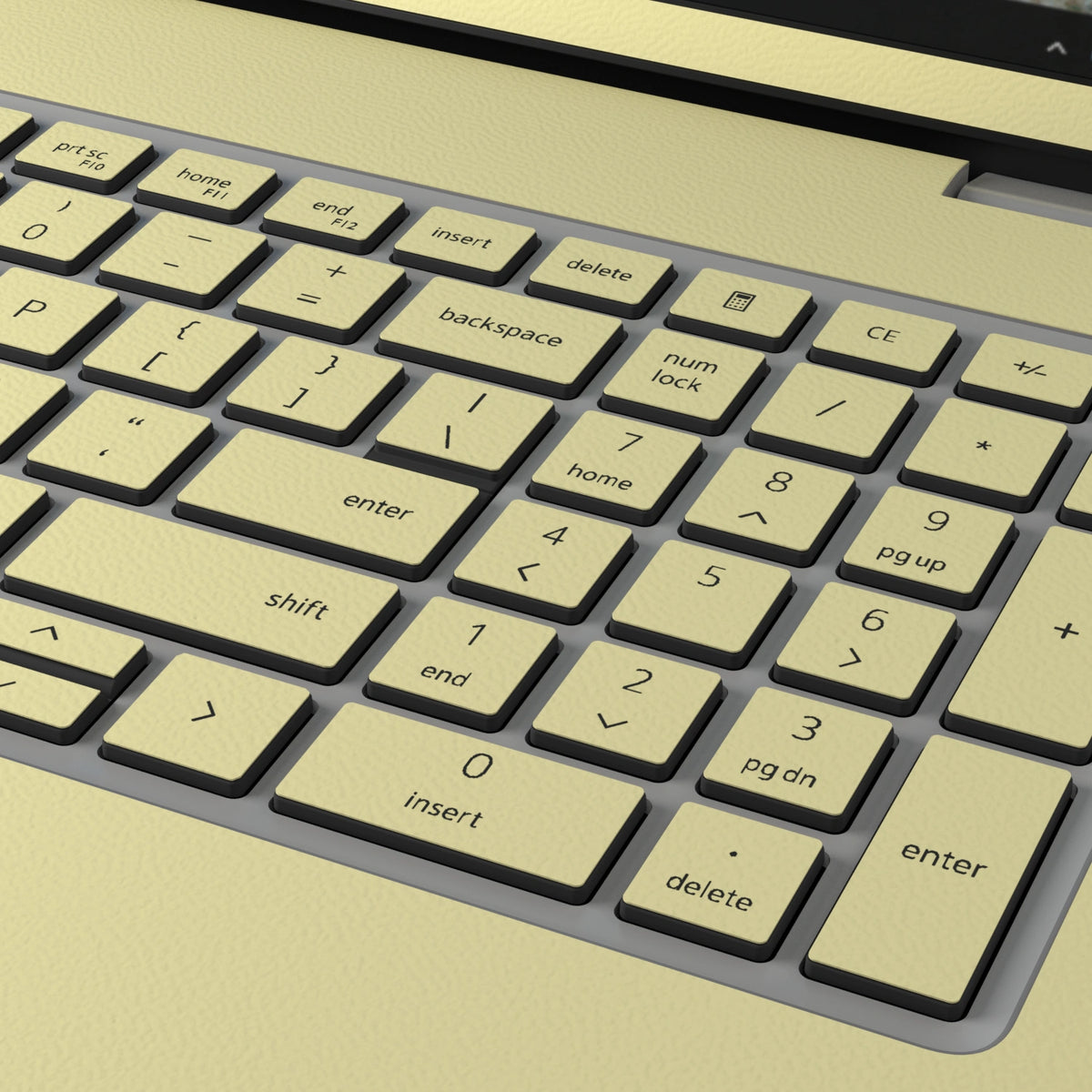 Champagne Gold plain synthetic leather Dell business laptop skin, macro view. Rendered on Dell Pro 16 PC16250; exact cuts follow the selected model and coverage.