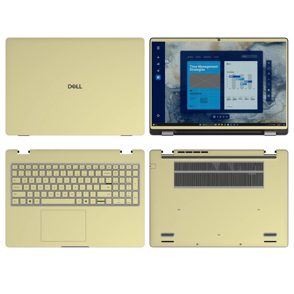Champagne Gold plain synthetic leather Dell business laptop skin, sku-abcd view. Rendered on Dell Pro 16 PC16250; exact cuts follow the selected model and coverage.