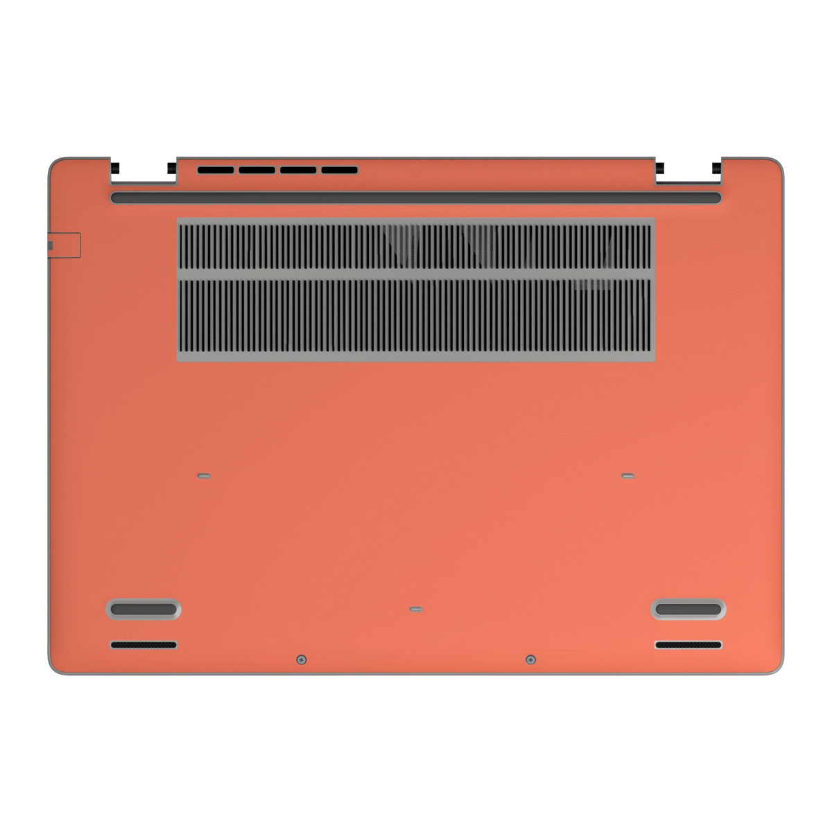 Cinnabar Orange plain synthetic leather Dell business laptop skin, d-face view. Rendered on Dell Pro 16 PC16250; exact cuts follow the selected model and coverage.