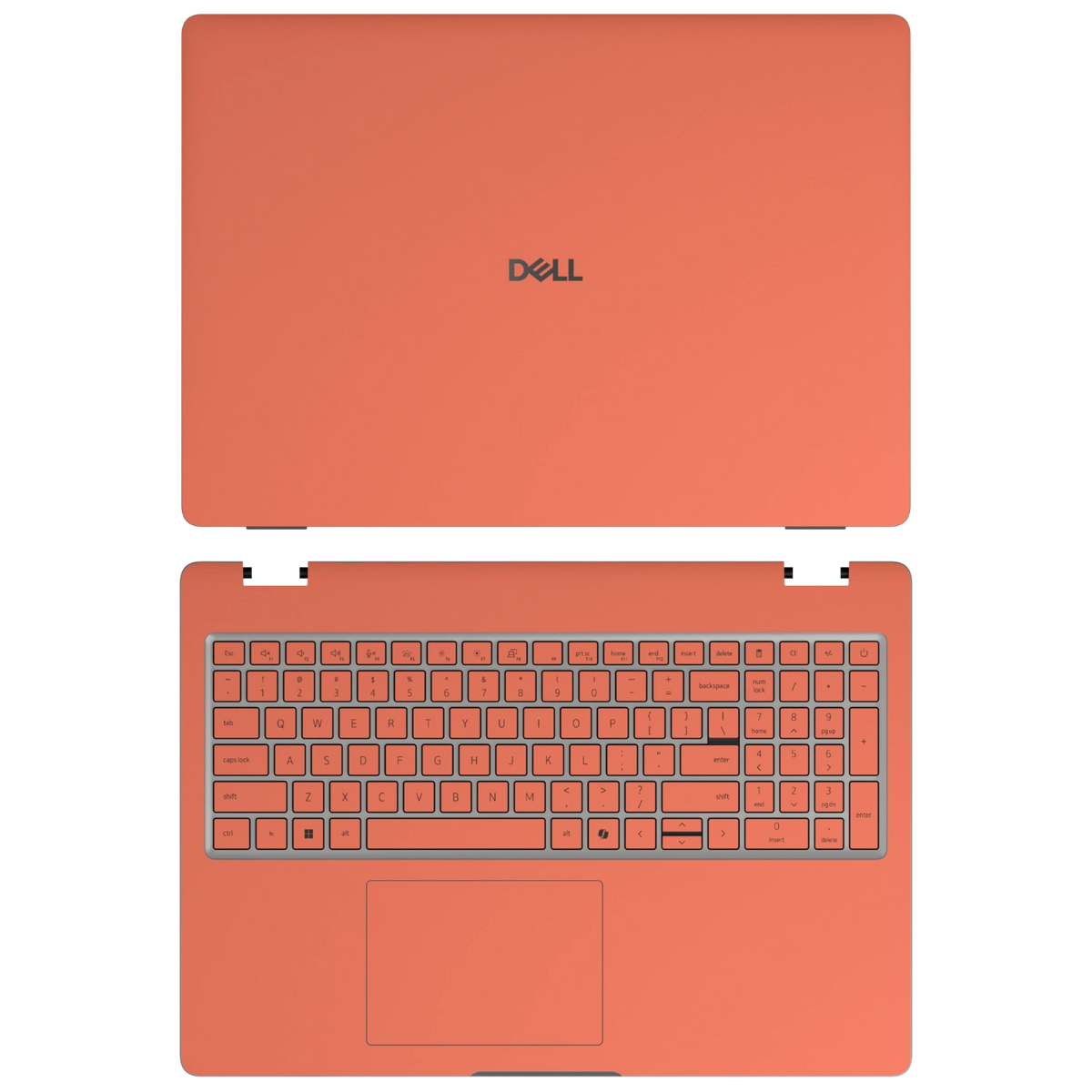 Cinnabar Orange plain synthetic leather Dell business laptop skin, sku-ac view. Rendered on Dell Pro 16 PC16250; exact cuts follow the selected model and coverage.