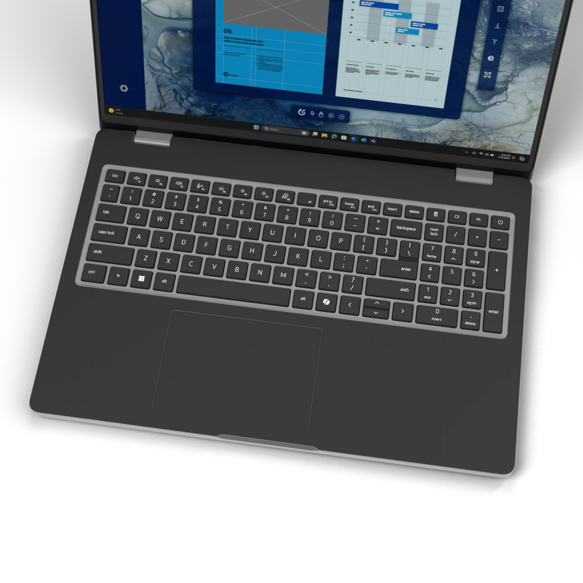 Graphite Black plain synthetic leather Dell business laptop skin, keyboard-wide view. Rendered on Dell Pro 16 PC16250; exact cuts follow the selected model and coverage.