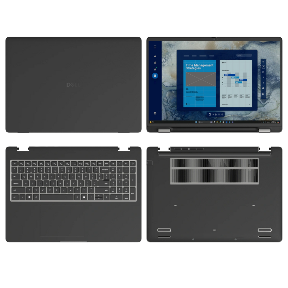 Graphite Black plain synthetic leather Dell business laptop skin, sku-abcd view. Rendered on Dell Pro 16 PC16250; exact cuts follow the selected model and coverage.