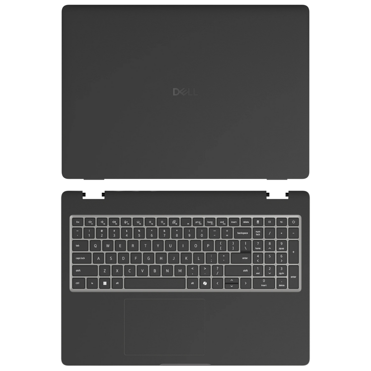 Graphite Black plain synthetic leather Dell business laptop skin, sku-ac view. Rendered on Dell Pro 16 PC16250; exact cuts follow the selected model and coverage.