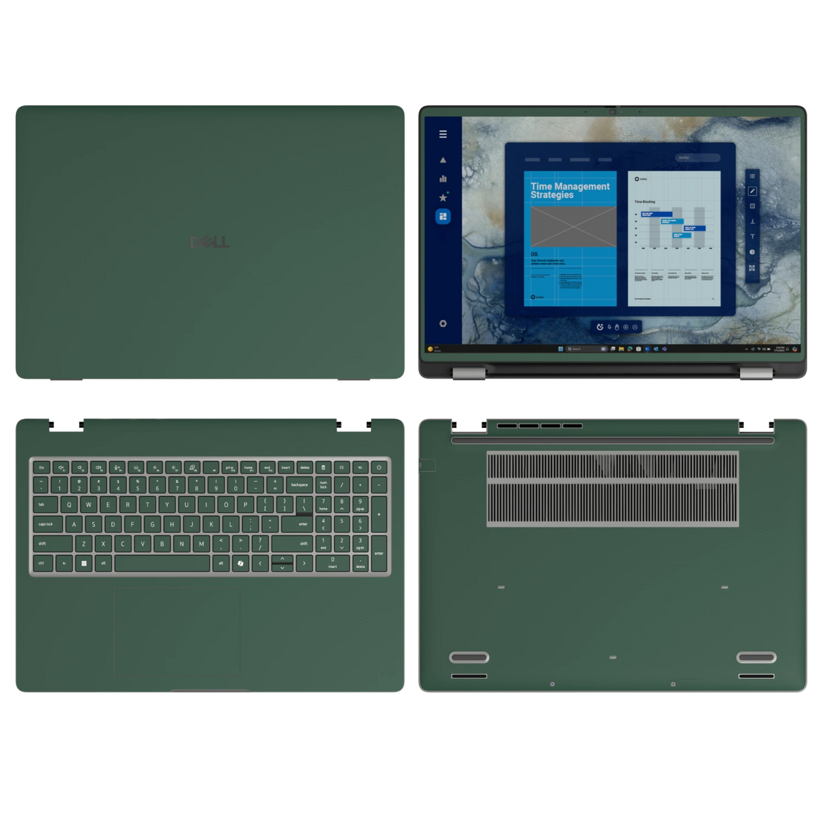 Original Green plain synthetic leather Dell business laptop skin, sku-abcd view. Rendered on Dell Pro 16 PC16250; exact cuts follow the selected model and coverage.
