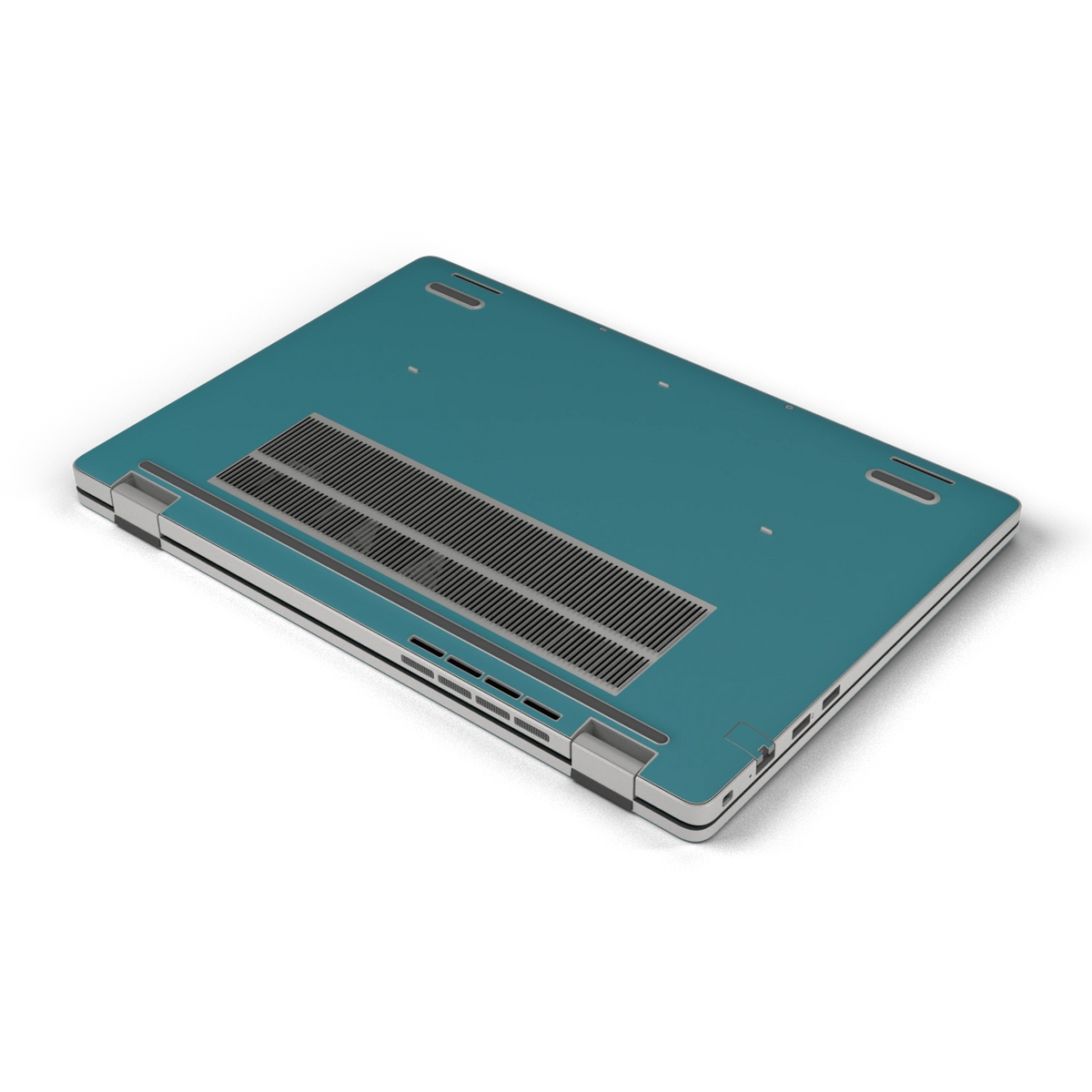 Peacock Blue plain synthetic leather Dell business laptop skin, d-bottom view. Rendered on Dell Pro 16 PC16250; exact cuts follow the selected model and coverage.