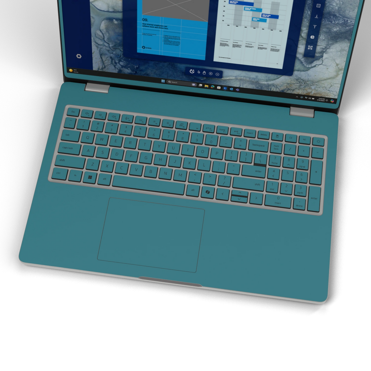 Peacock Blue plain synthetic leather Dell business laptop skin, keyboard-wide view. Rendered on Dell Pro 16 PC16250; exact cuts follow the selected model and coverage.