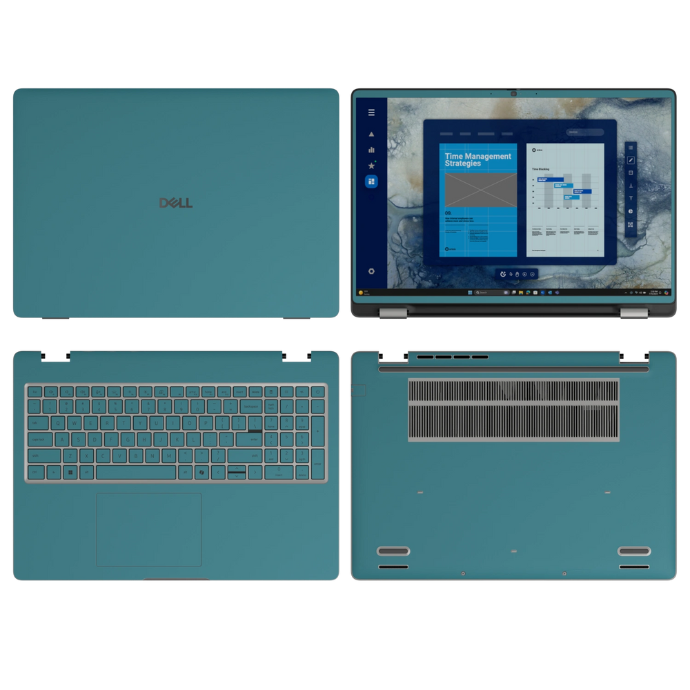 Peacock Blue plain synthetic leather Dell business laptop skin, sku-abcd view. Rendered on Dell Pro 16 PC16250; exact cuts follow the selected model and coverage.
