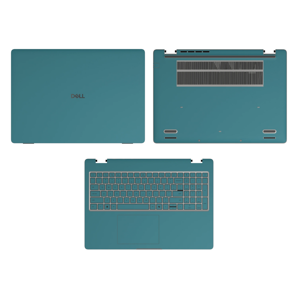 Peacock Blue plain synthetic leather Dell business laptop skin, sku-acd view. Rendered on Dell Pro 16 PC16250; exact cuts follow the selected model and coverage.