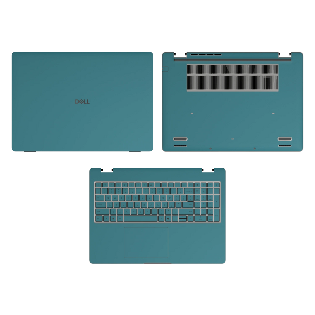 Peacock Blue plain synthetic leather Dell business laptop skin, sku-acd view. Rendered on Dell Pro 16 PC16250; exact cuts follow the selected model and coverage.