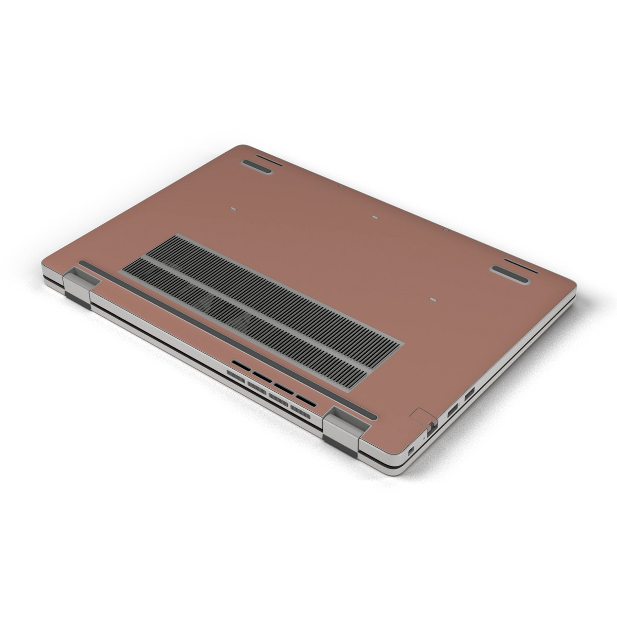 Qingcha Brown plain synthetic leather Dell business laptop skin, d-bottom view. Rendered on Dell Pro 16 PC16250; exact cuts follow the selected model and coverage.