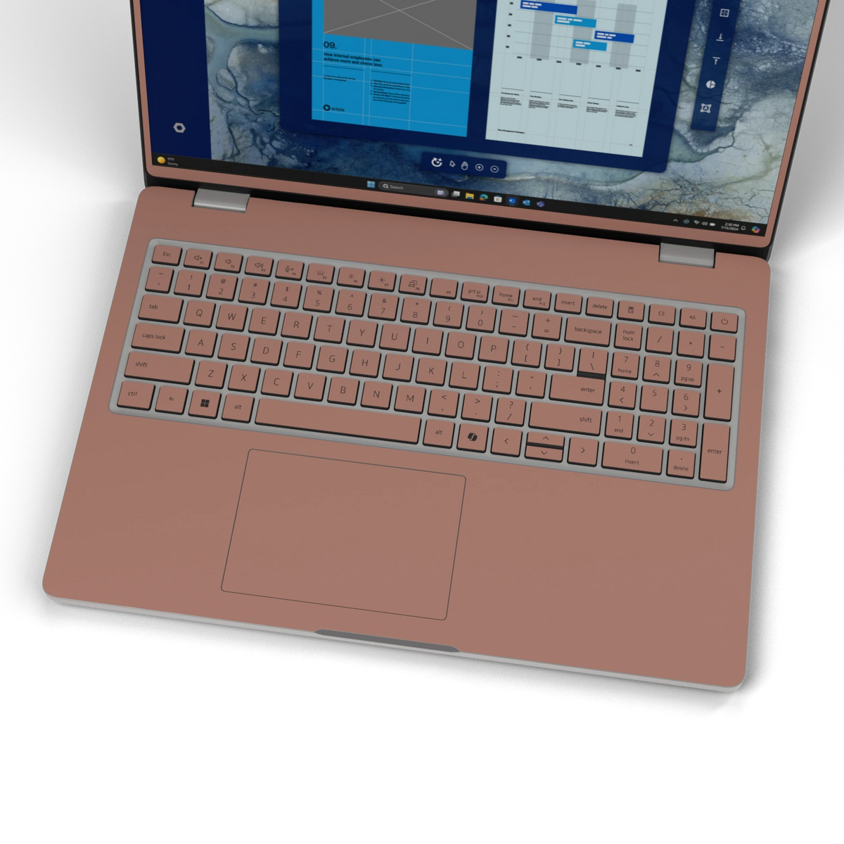 Qingcha Brown plain synthetic leather Dell business laptop skin, keyboard-wide view. Rendered on Dell Pro 16 PC16250; exact cuts follow the selected model and coverage.