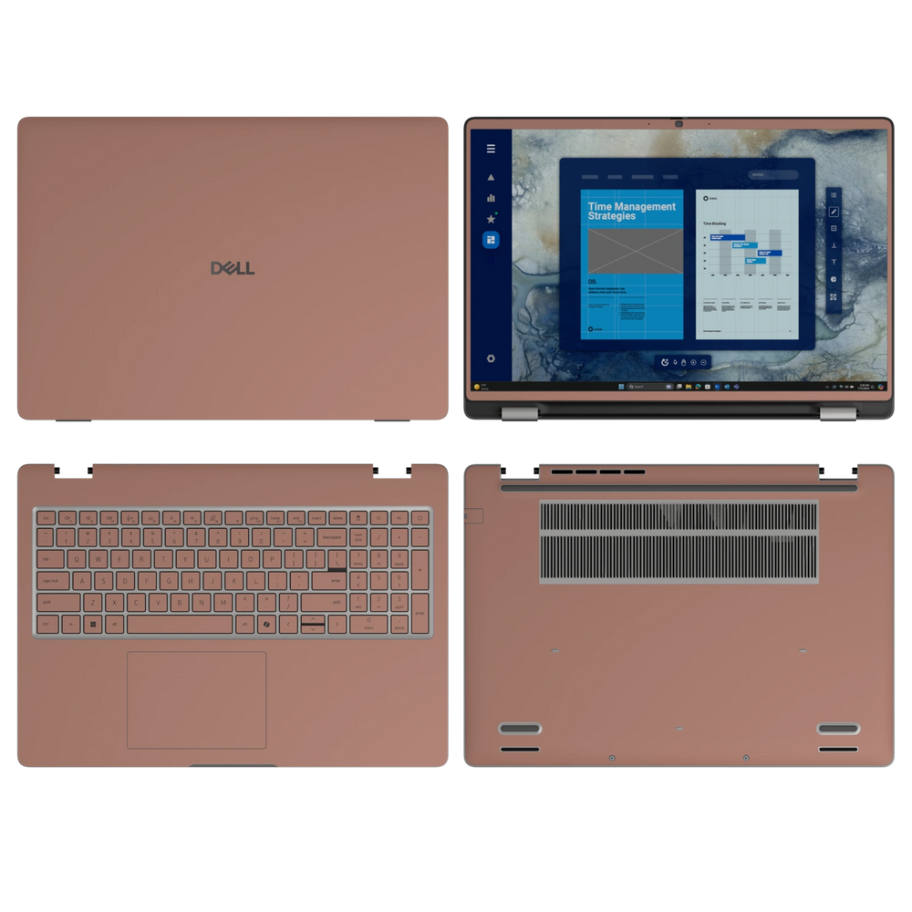 Qingcha Brown plain synthetic leather Dell business laptop skin, sku-abcd view. Rendered on Dell Pro 16 PC16250; exact cuts follow the selected model and coverage.