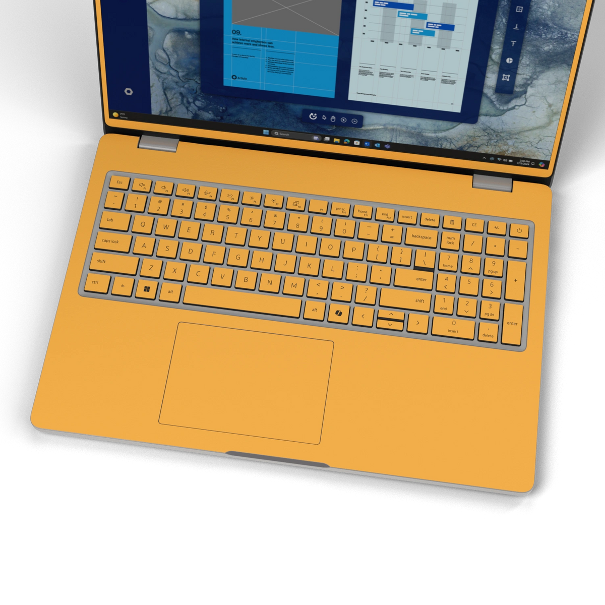 Wutong Yellow plain synthetic leather Dell business laptop skin, keyboard-wide view. Rendered on Dell Pro 16 PC16250; exact cuts follow the selected model and coverage.