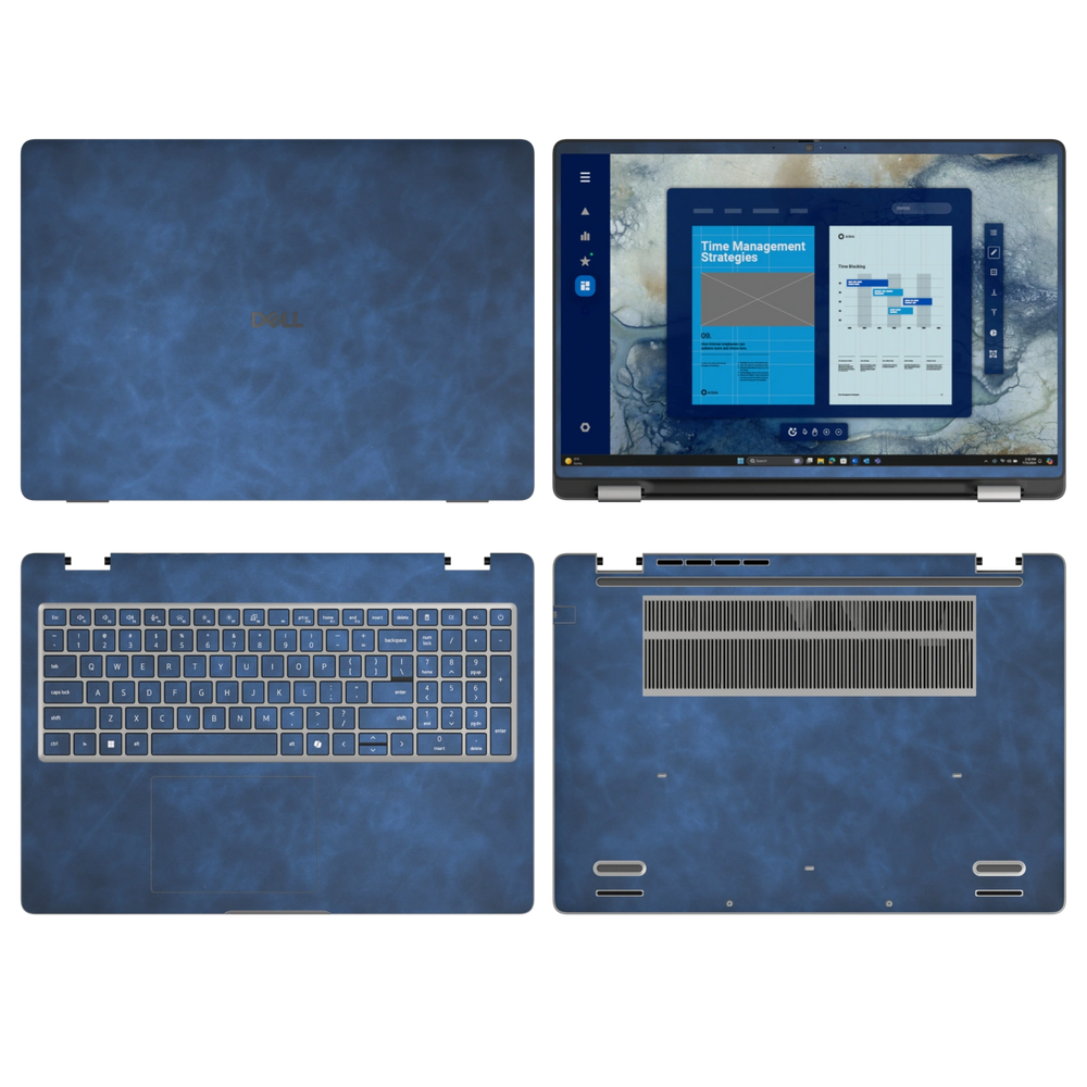 Deep Sea Blue scrub-textured synthetic leather Dell business laptop skin, sku abcd view. Rendered on Dell Pro 16 PC16250 as a reference; exact cut layout follows the selected model and coverage.