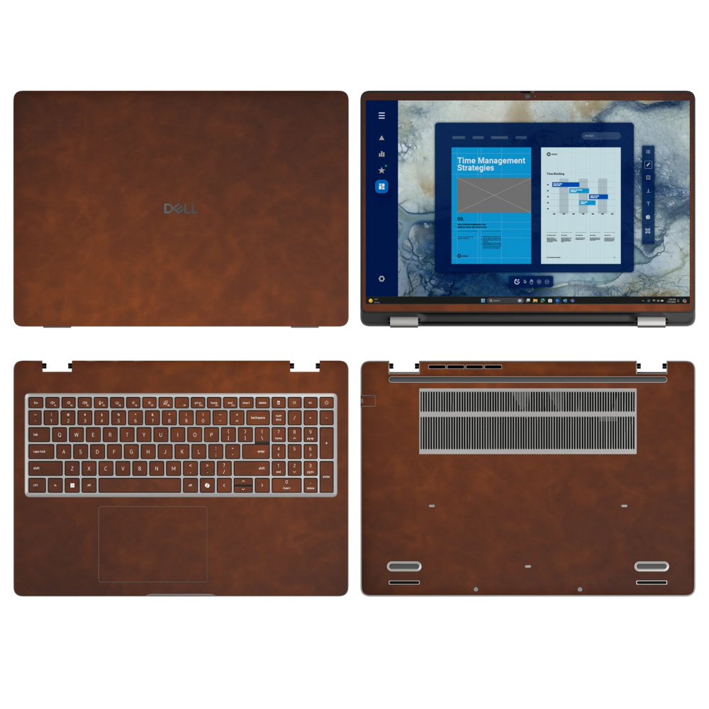 Wood Coffee scrub-textured synthetic leather Dell business laptop skin, sku abcd view. Rendered on Dell Pro 16 PC16250 as a reference; exact cut layout follows the selected model and coverage.