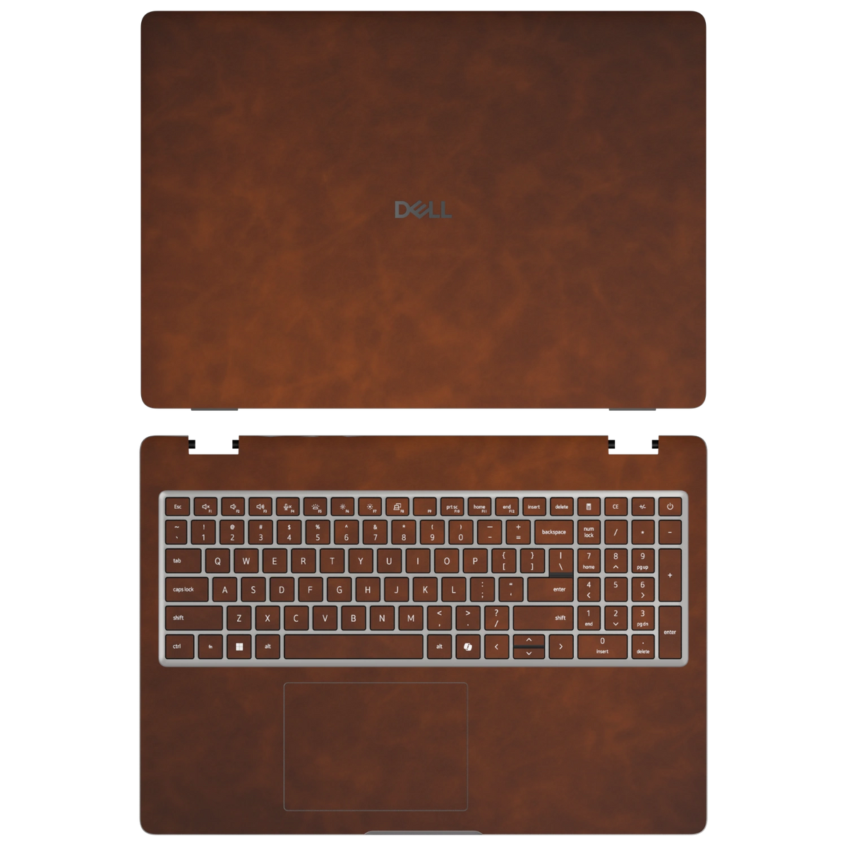 Wood Coffee scrub-textured synthetic leather Dell business laptop skin, sku ac view. Rendered on Dell Pro 16 PC16250 as a reference; exact cut layout follows the selected model and coverage.