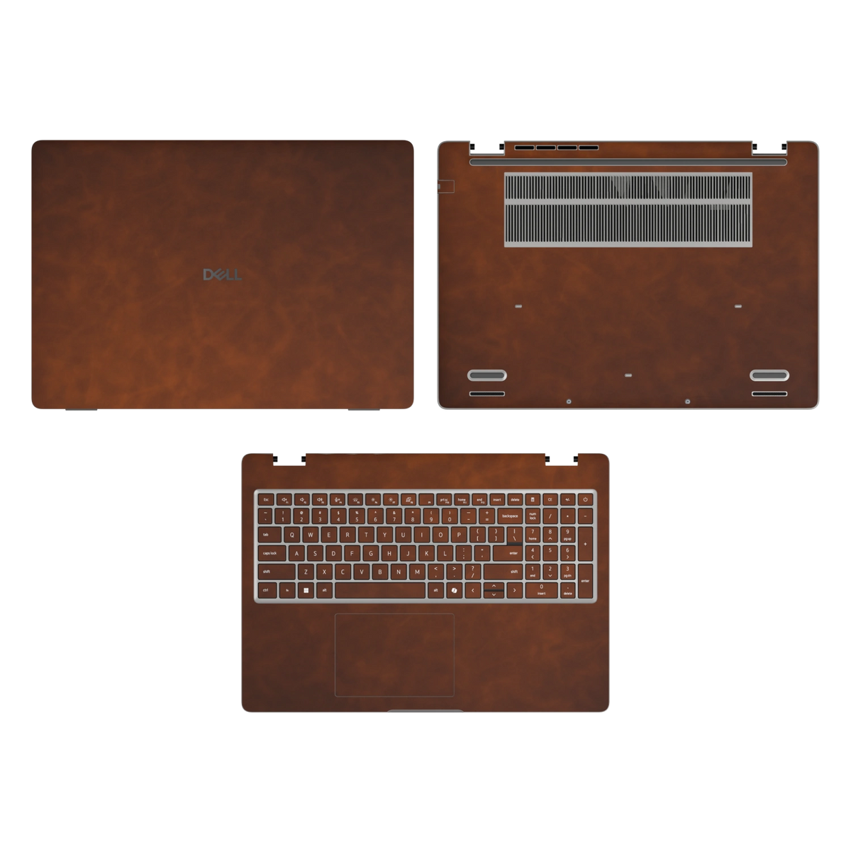 Wood Coffee scrub-textured synthetic leather Dell business laptop skin, sku acd view. Rendered on Dell Pro 16 PC16250 as a reference; exact cut layout follows the selected model and coverage.