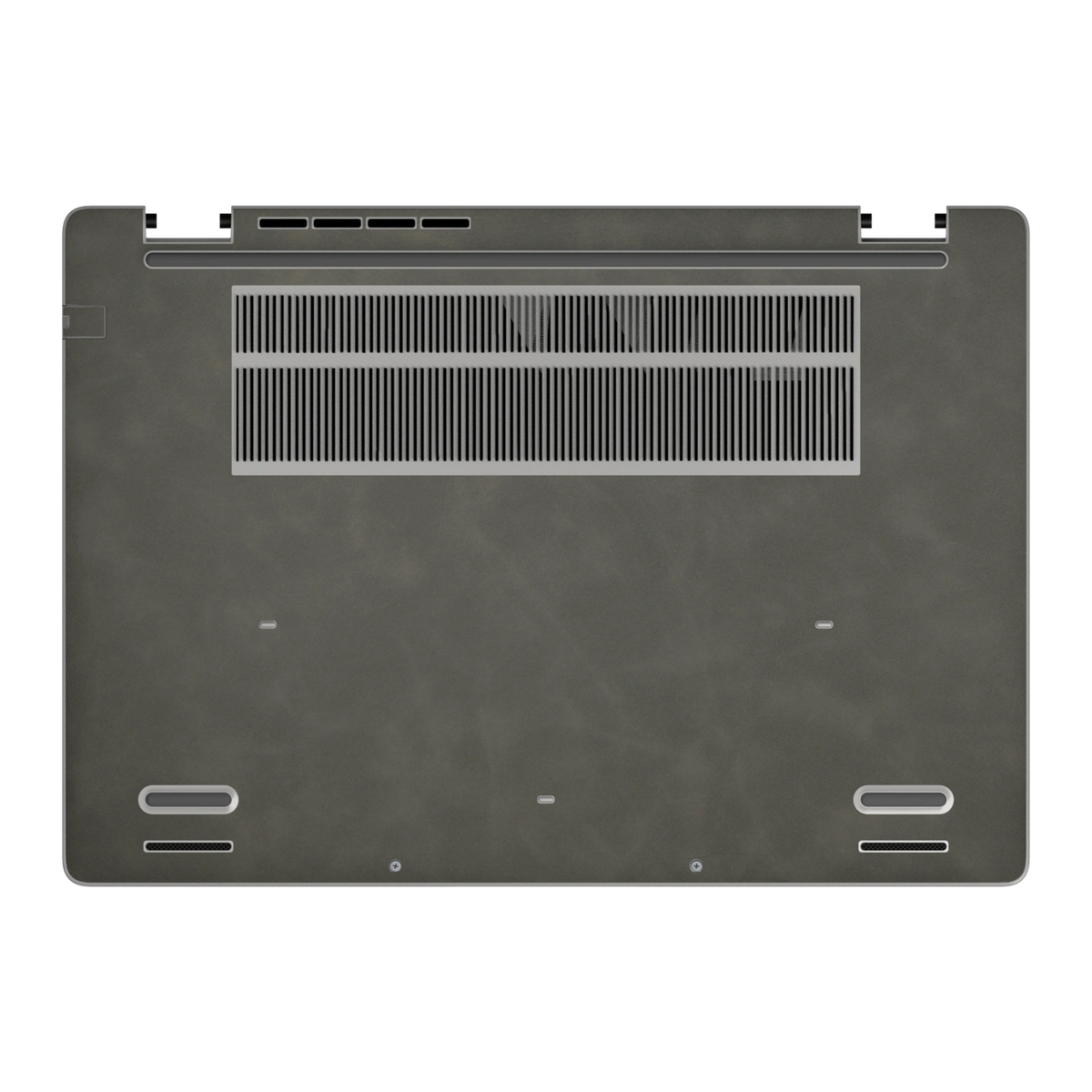 Dark Gray scrub-textured synthetic leather Dell business laptop skin, d face view. Rendered on Dell Pro 16 PC16250 as a reference; exact cut layout follows the selected model and coverage.