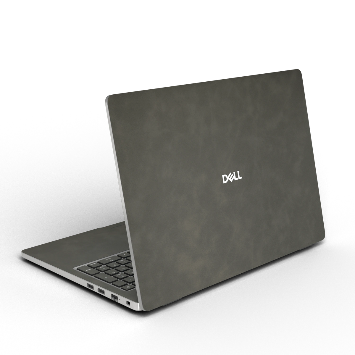 Dark Gray scrub-textured synthetic leather Dell business laptop skin, rear view. Rendered on Dell Pro 16 PC16250 as a reference; exact cut layout follows the selected model and coverage.