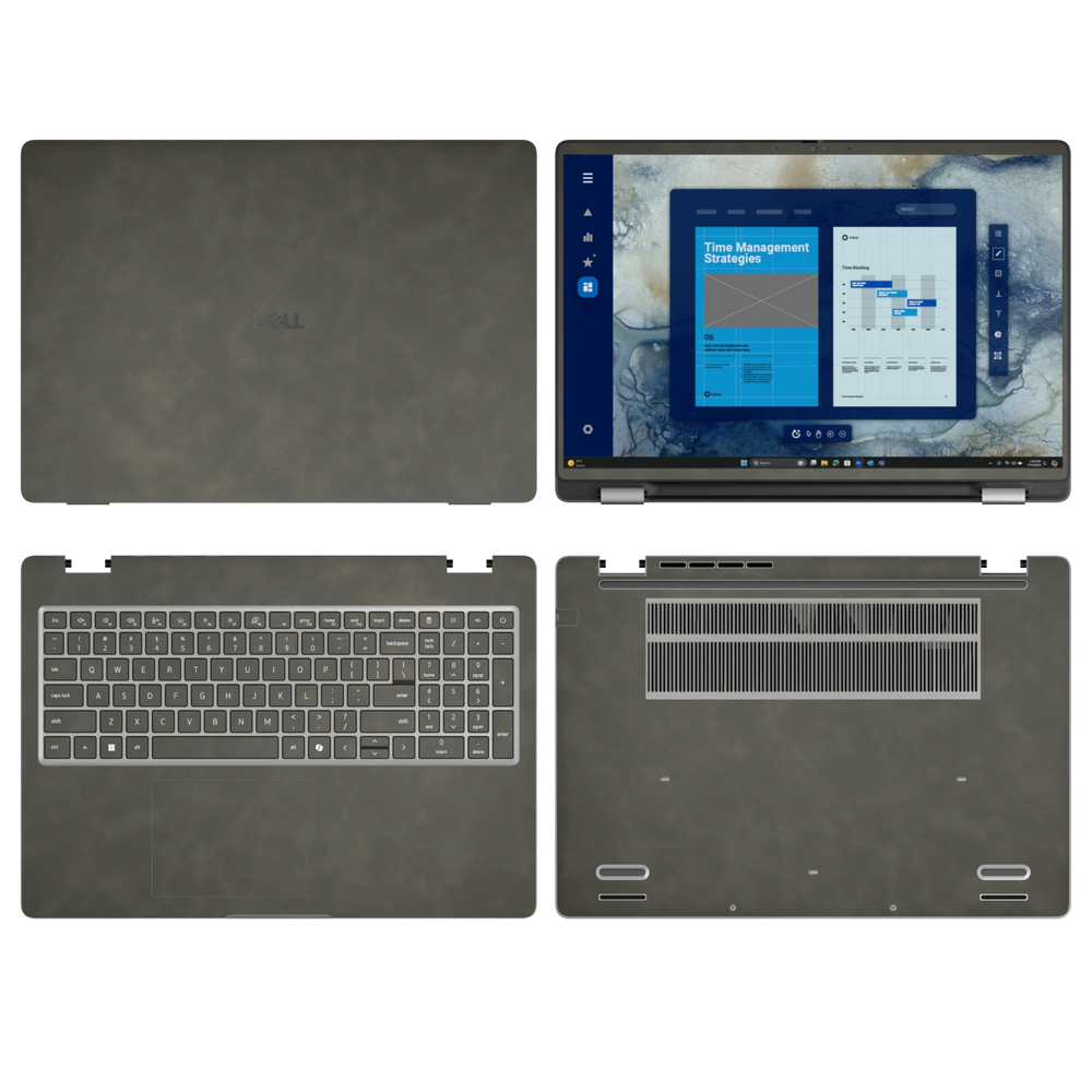 Dark Gray scrub-textured synthetic leather Dell business laptop skin, sku abcd view. Rendered on Dell Pro 16 PC16250 as a reference; exact cut layout follows the selected model and coverage.