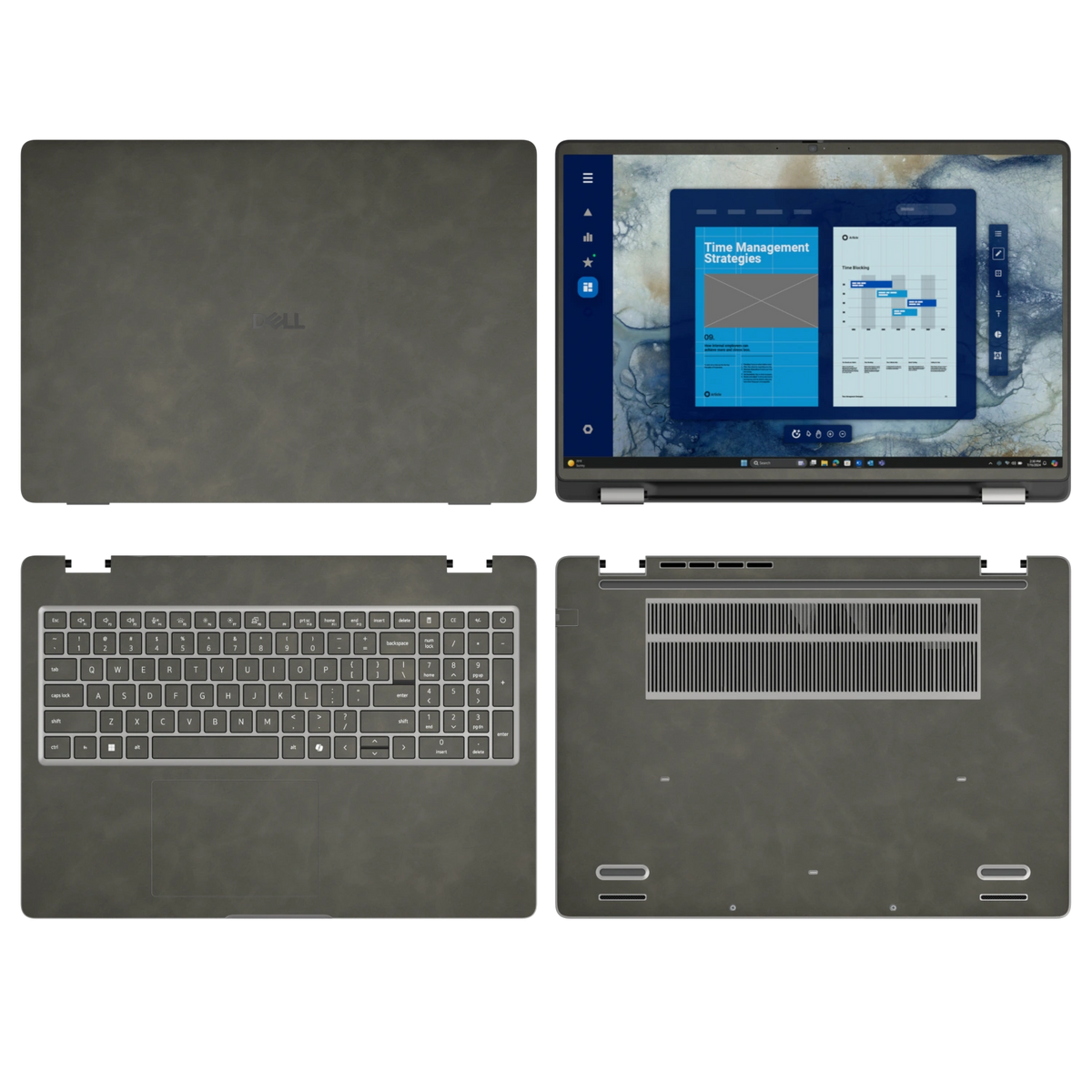 Dark Gray scrub-textured synthetic leather Dell business laptop skin, sku abcd view. Rendered on Dell Pro 16 PC16250 as a reference; exact cut layout follows the selected model and coverage.