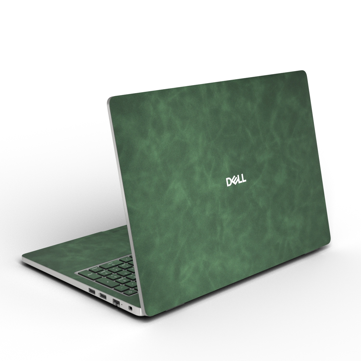 Green scrub-textured synthetic leather Dell business laptop skin, rear view. Rendered on Dell Pro 16 PC16250 as a reference; exact cut layout follows the selected model and coverage.