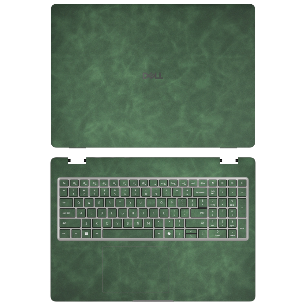 Green scrub-textured synthetic leather Dell business laptop skin, sku ac view. Rendered on Dell Pro 16 PC16250 as a reference; exact cut layout follows the selected model and coverage.