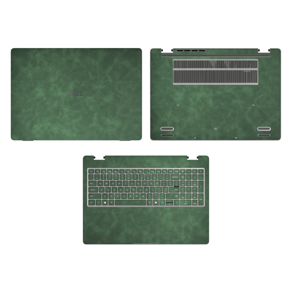 Green scrub-textured synthetic leather Dell business laptop skin, sku acd view. Rendered on Dell Pro 16 PC16250 as a reference; exact cut layout follows the selected model and coverage.