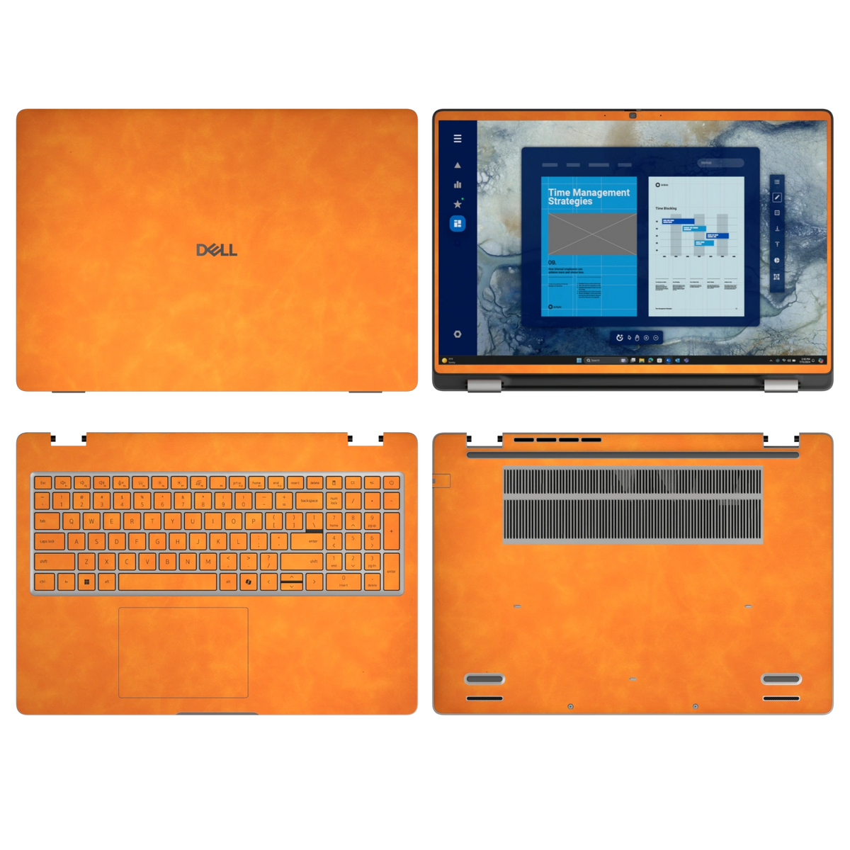 Orange scrub-textured synthetic leather Dell business laptop skin, sku abcd view. Rendered on Dell Pro 16 PC16250 as a reference; exact cut layout follows the selected model and coverage.