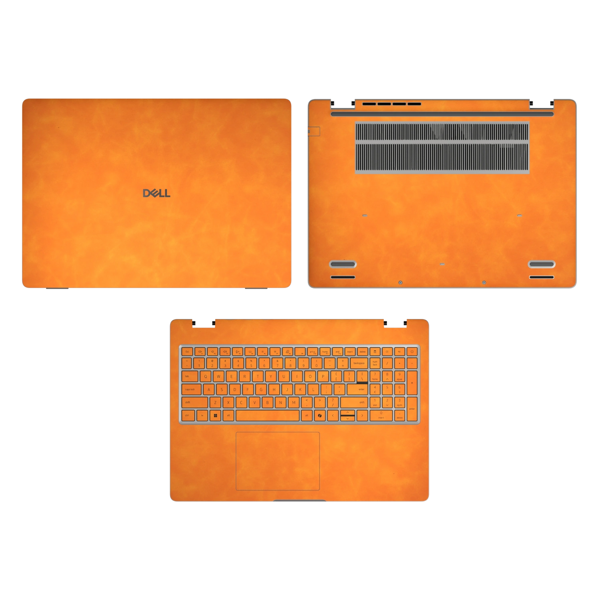 Orange scrub-textured synthetic leather Dell business laptop skin, sku acd view. Rendered on Dell Pro 16 PC16250 as a reference; exact cut layout follows the selected model and coverage.