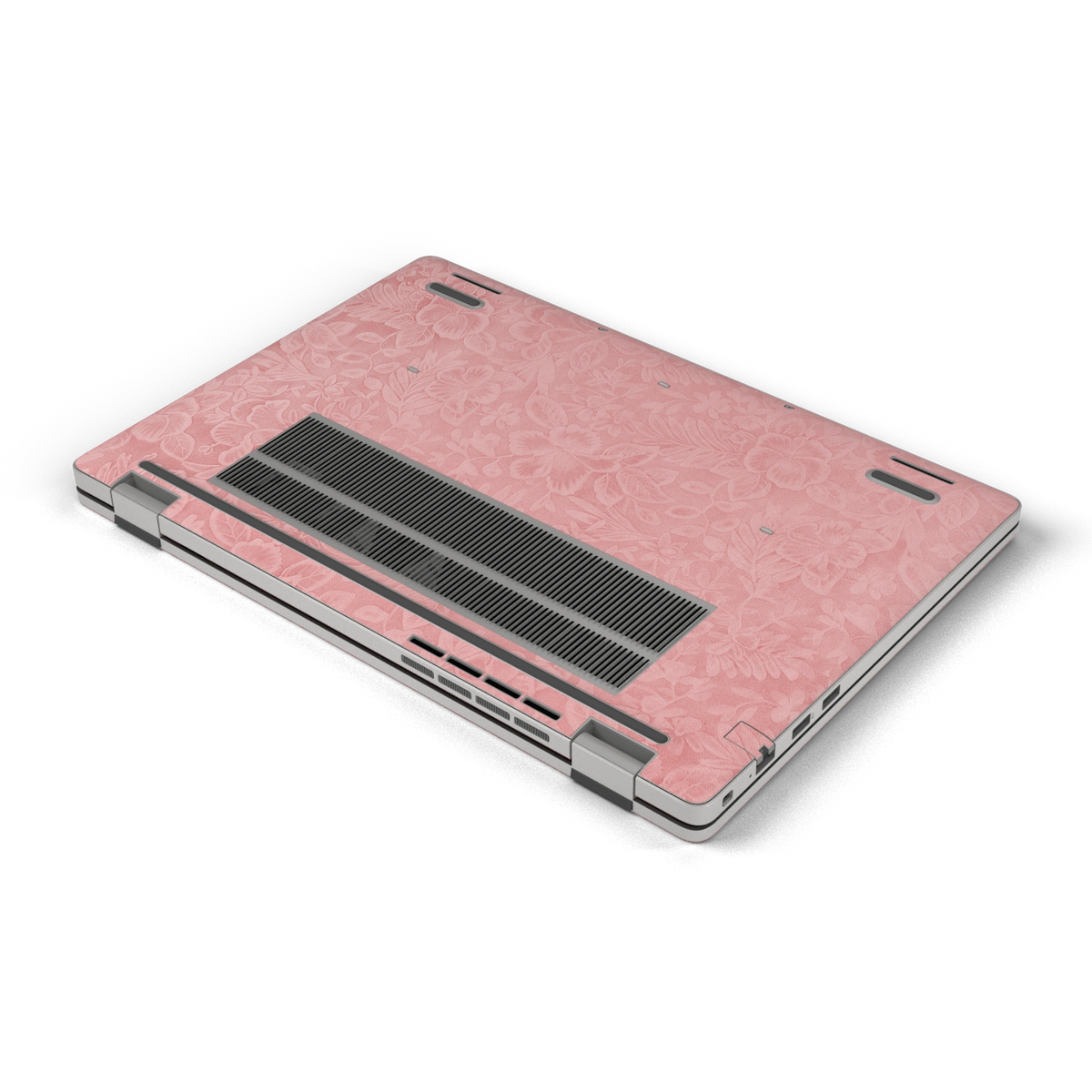 Oblique bottom view of Blush Pink Hibiscus synthetic leather skin, rendered on Dell Pro 16 (PC16250) as a model reference.