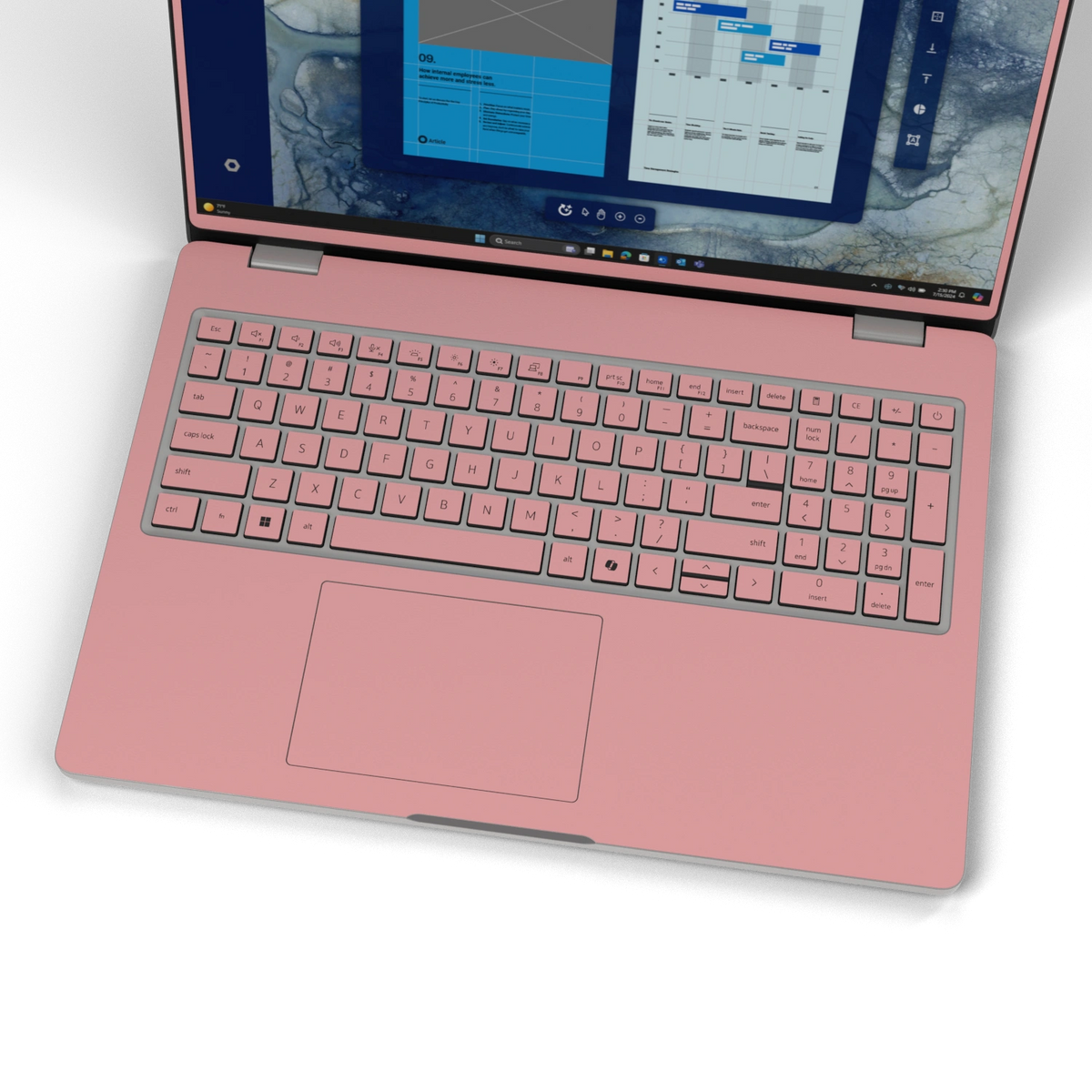 Keyboard deck detail of Blush Pink Hibiscus synthetic leather skin, rendered on Dell Pro 16 (PC16250) as a model reference.