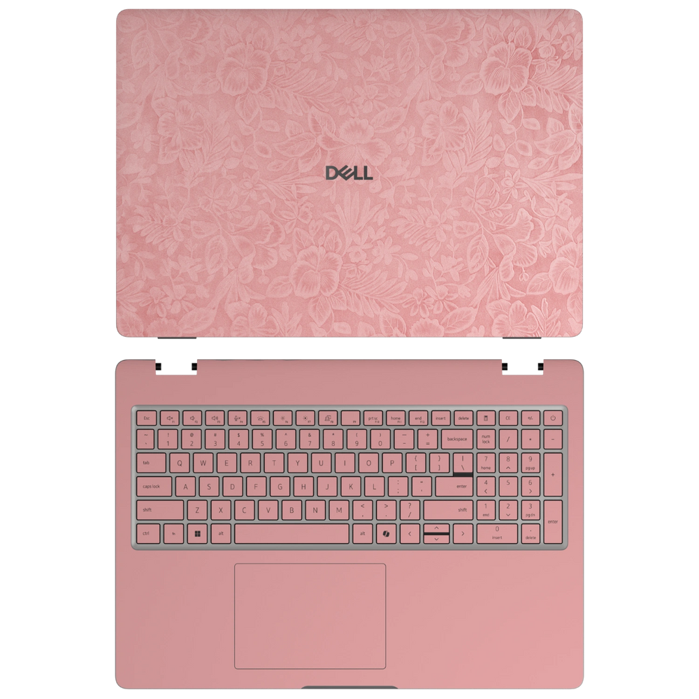 Blush Pink Hibiscus synthetic leather skin a+c coverage layout: top lid and inside, rendered for Dell Pro 16 (PC16250); exact pieces follow the selected coverage.