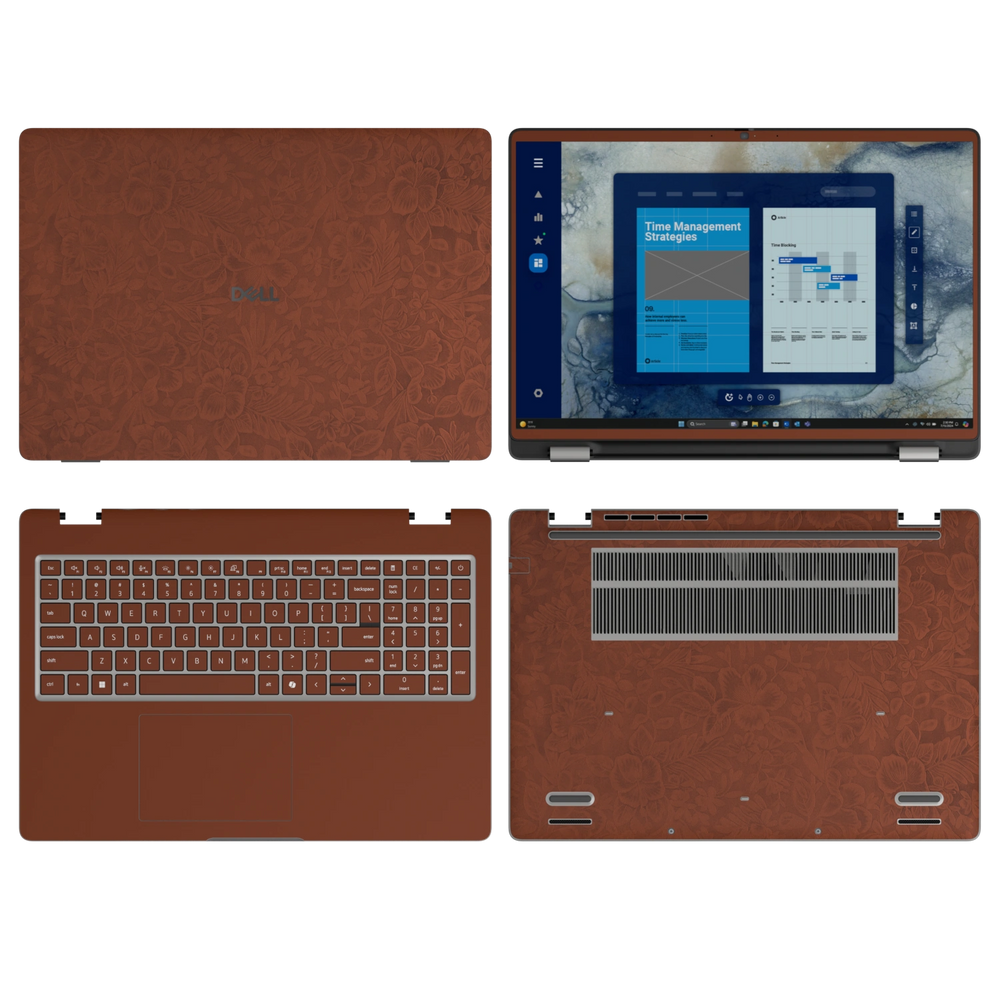 Classic Brown Hibiscus synthetic leather skin a+b+c+d coverage layout: top lid, screen bezel, inside and bottom, rendered for Dell Pro 16 (PC16250); exact pieces follow the selected coverage.