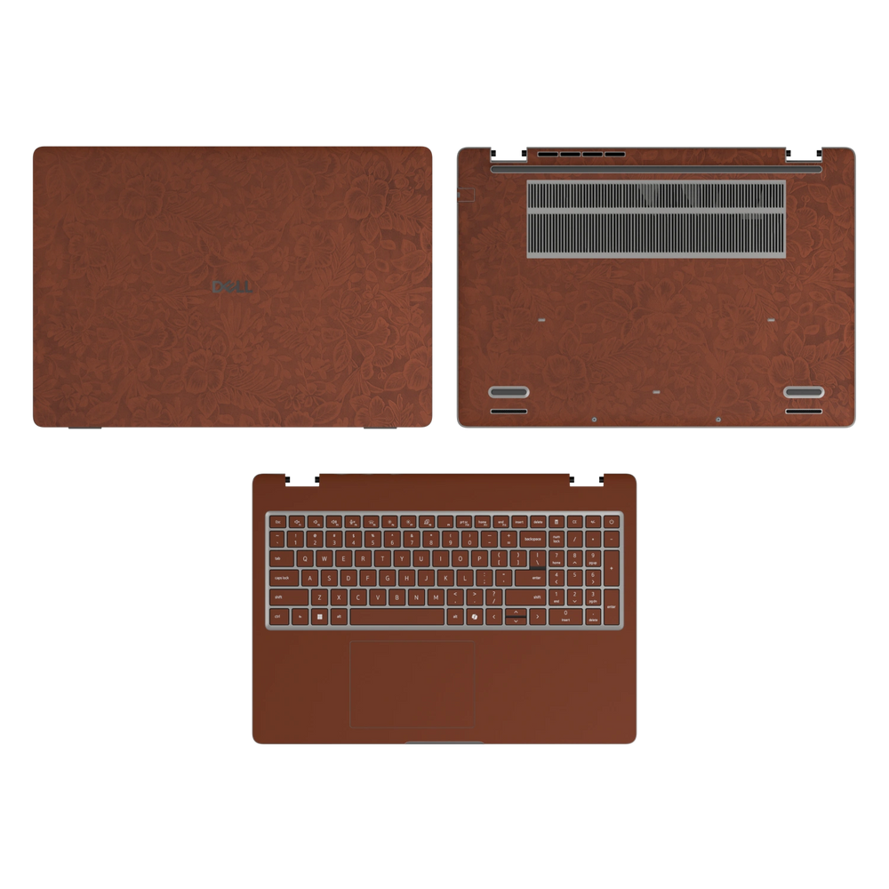 Classic Brown Hibiscus synthetic leather skin a+c+d coverage layout: top lid, inside and bottom, rendered for Dell Pro 16 (PC16250); exact pieces follow the selected coverage.