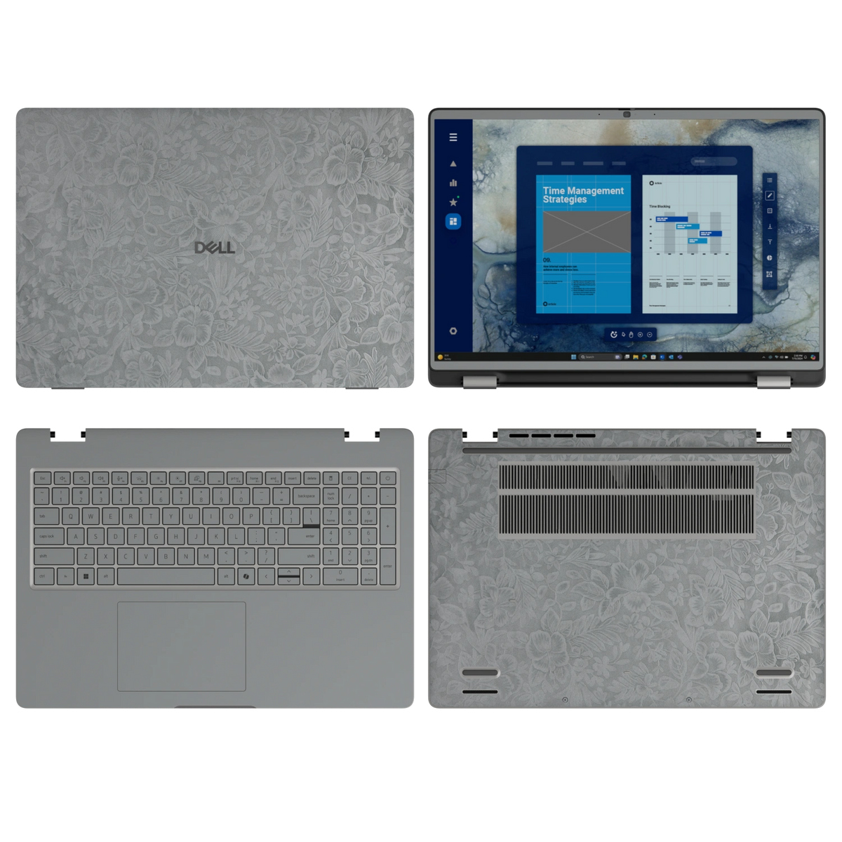 Classic Gray Hibiscus synthetic leather skin a+b+c+d coverage layout: top lid, screen bezel, inside and bottom, rendered for Dell Pro 16 (PC16250); exact pieces follow the selected coverage.