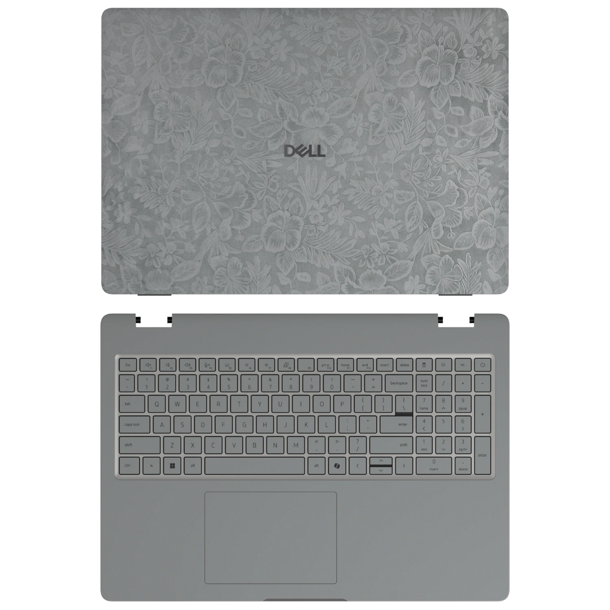 Classic Gray Hibiscus synthetic leather skin a+c coverage layout: top lid and inside, rendered for Dell Pro 16 (PC16250); exact pieces follow the selected coverage.
