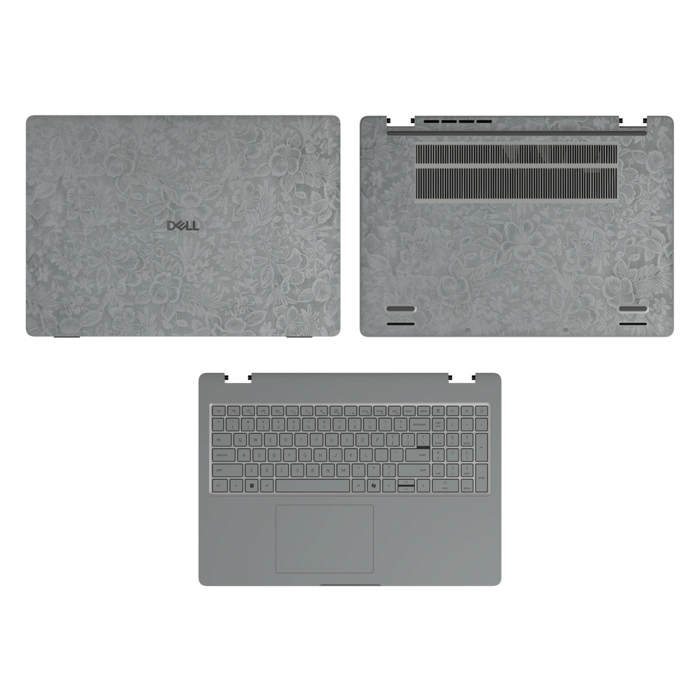 Classic Gray Hibiscus synthetic leather skin a+c+d coverage layout: top lid, inside and bottom, rendered for Dell Pro 16 (PC16250); exact pieces follow the selected coverage.