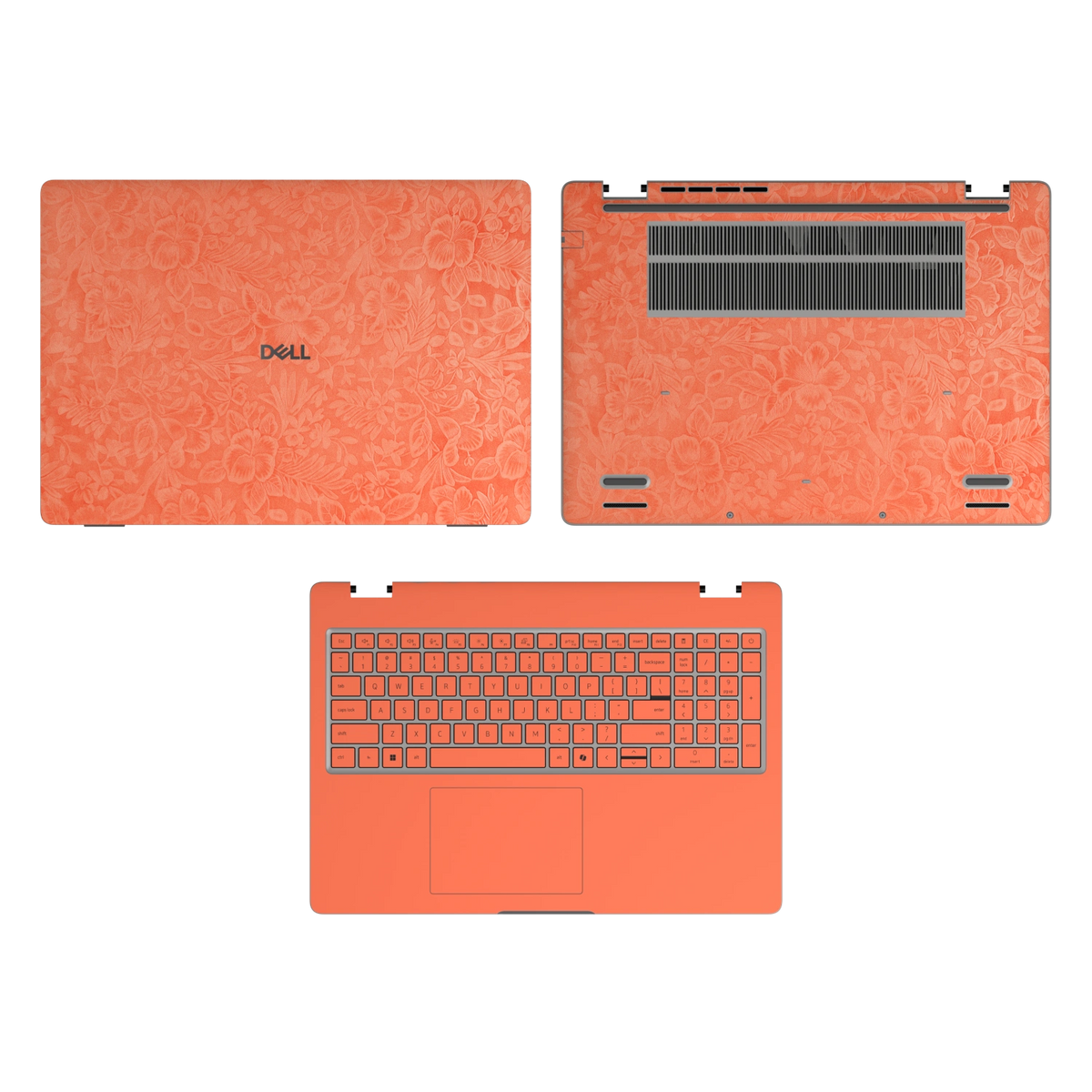 Sunset Orange Hibiscus synthetic leather skin a+c+d coverage layout: top lid, inside and bottom, rendered for Dell Pro 16 (PC16250); exact pieces follow the selected coverage.