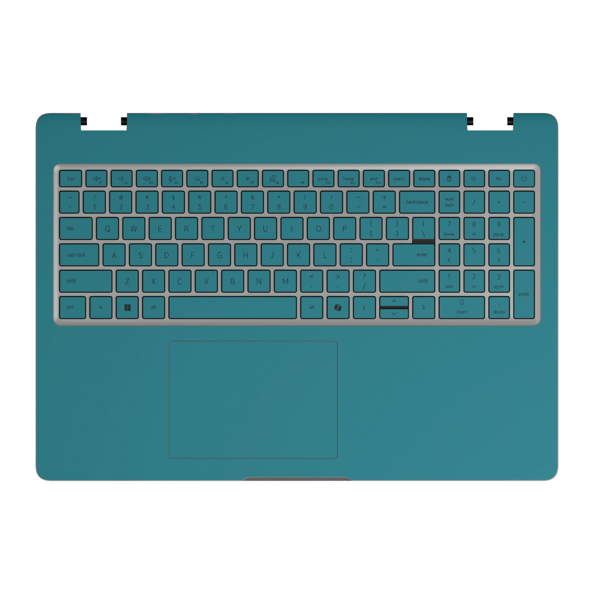Keyboard deck and palm rest view of Tropical Teal Hibiscus synthetic leather skin, rendered on Dell Pro 16 (PC16250) as a model reference.